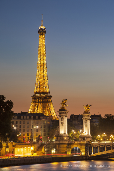 Dusk over the Eiffel Tower and River Seine, Paris France