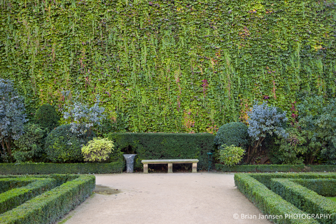 Park bench along ivy covered wall in the garden of Hotel de Sully, les Marais, Paris France
